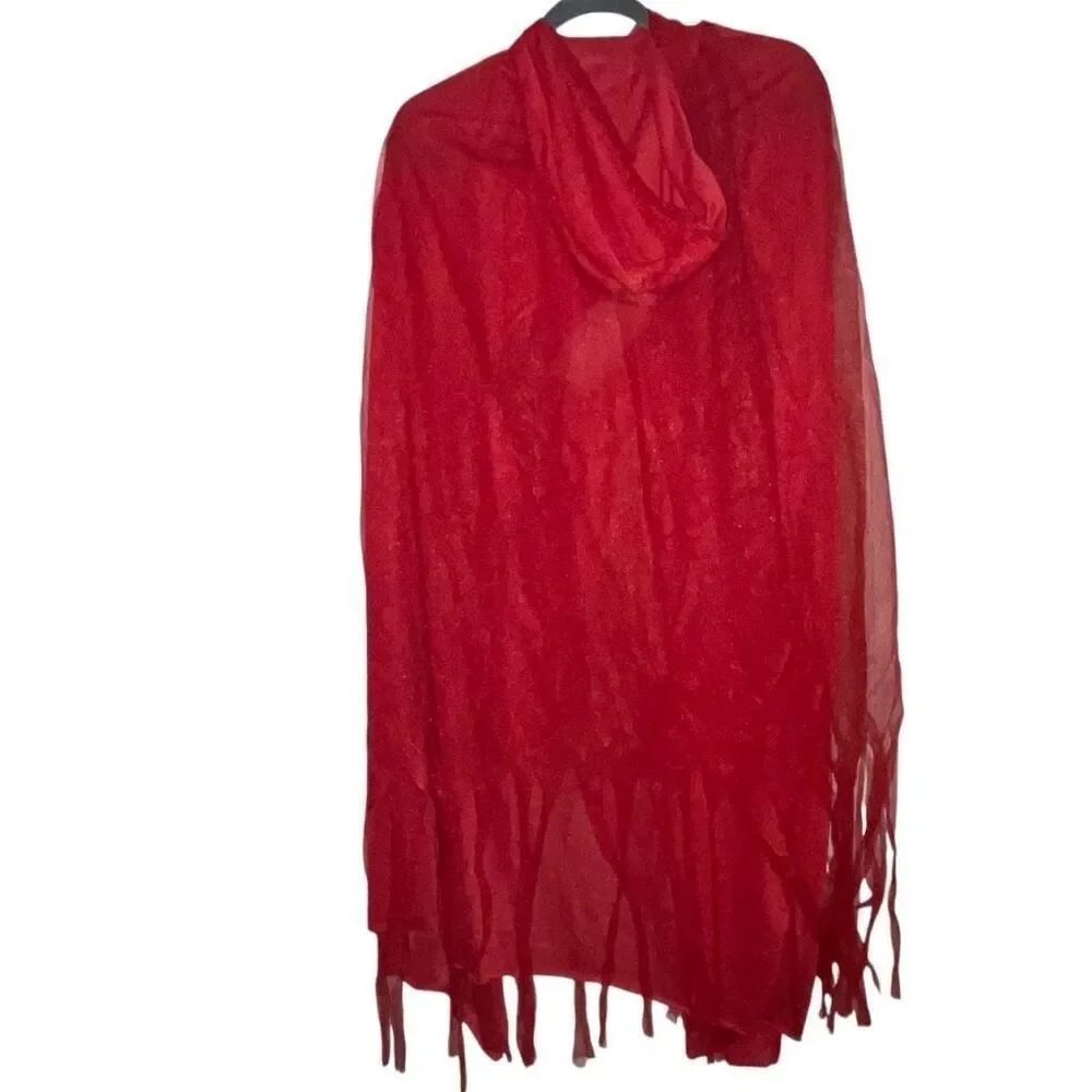 Womens One‎ Size Cape Shawl Poncho Hooded Red Layers Tulle Fringe Cosplay Unisex